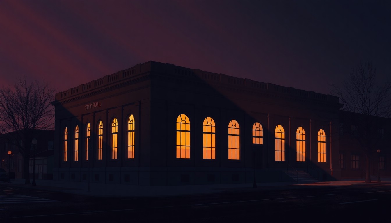 A photorealistic painting of a government building in Wisconsin Rapids, with warm lighting and deep shadows creating a nostalgic, cinematic mood.