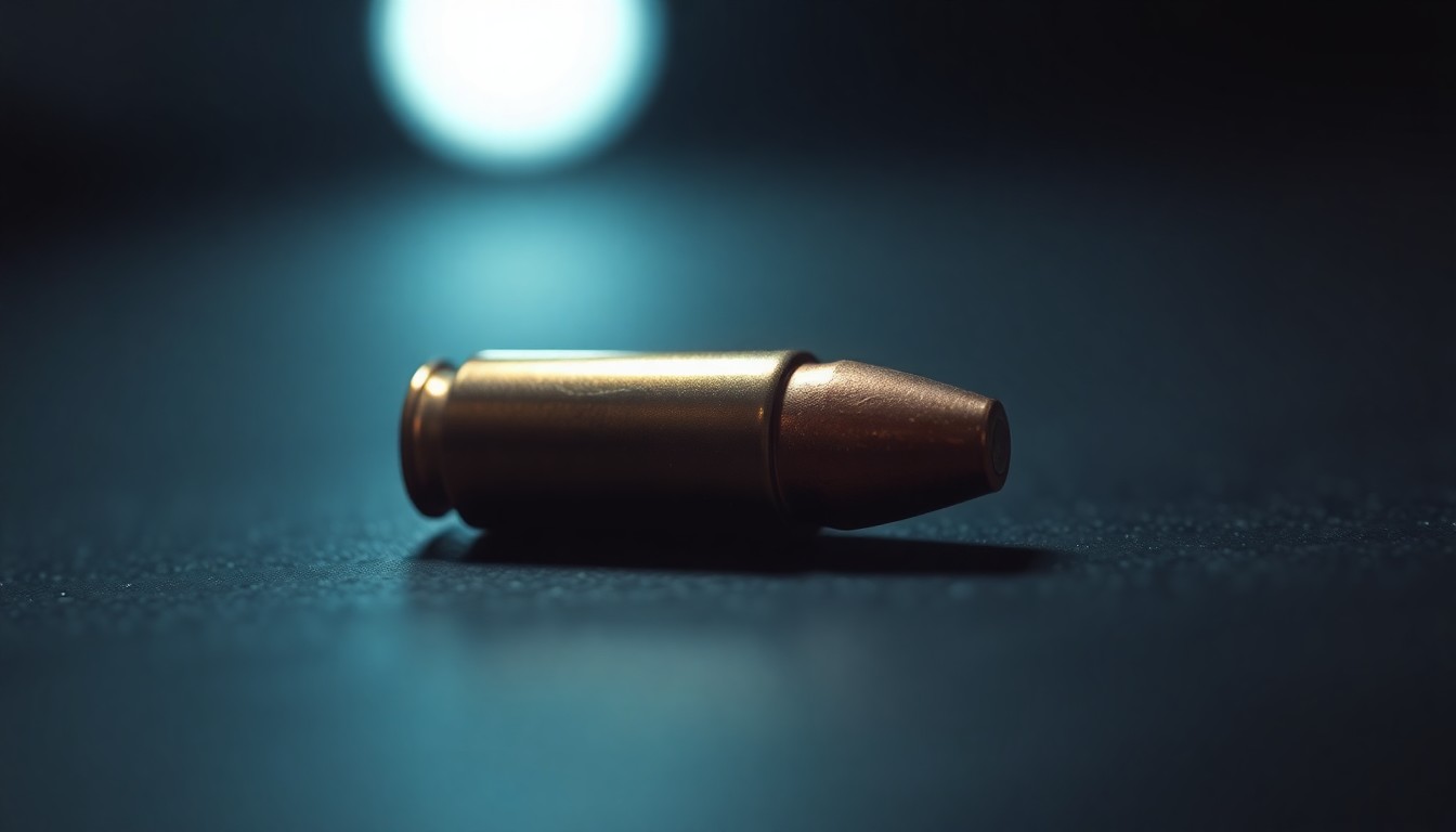 An extreme close-up photograph of a single bullet casing on a dark surface, lit by a harsh, direct camera flash, conceptually illustrating the aftermath of a fatal workplace shooting.