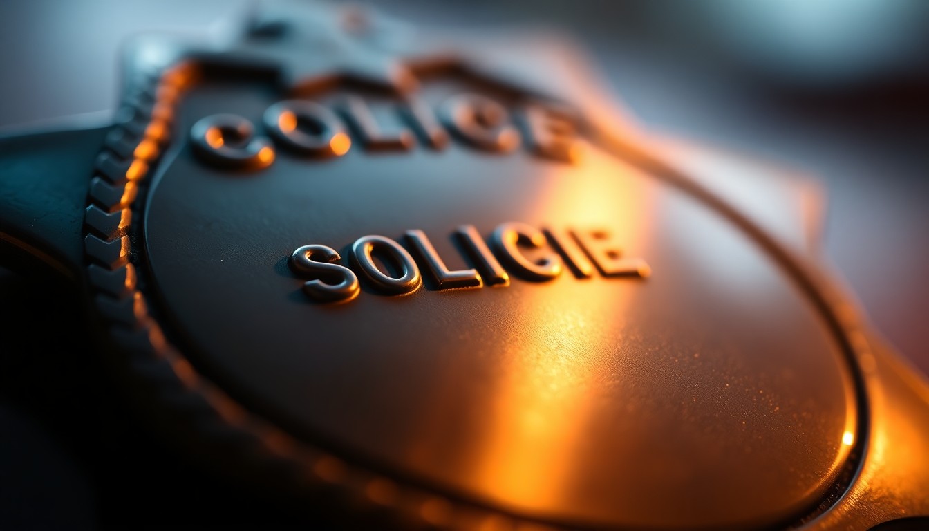 An extreme close-up photograph of a vintage police badge, the metal surface reflecting a soft, warm glow. The dramatic lighting and shallow depth of field create an intimate, serious mood to represent the legacy of a longtime small-town public servant.