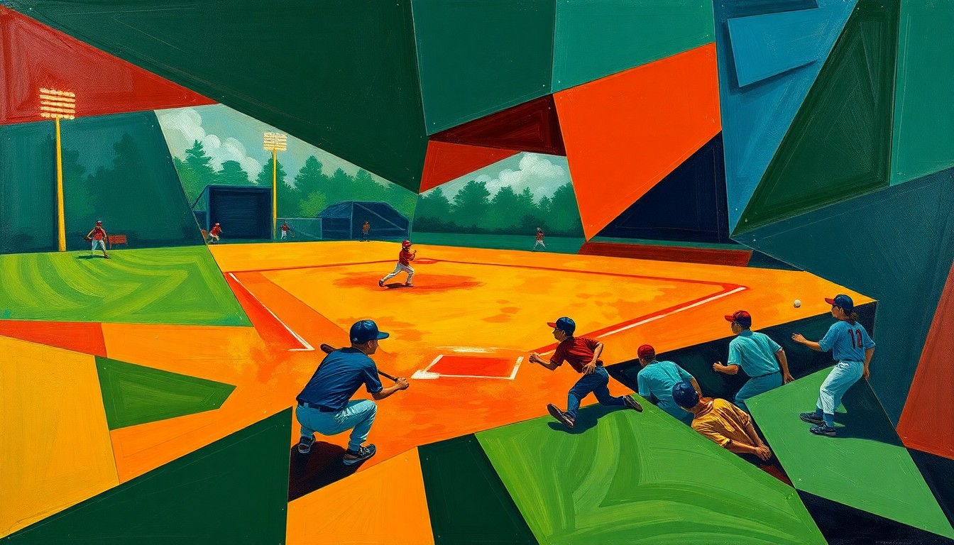 A cubist, geometric painting depicting a youth baseball game, with the players and field broken down into sharp, overlapping shapes in a vibrant color palette, conveying the energy and excitement of the new sports complex.