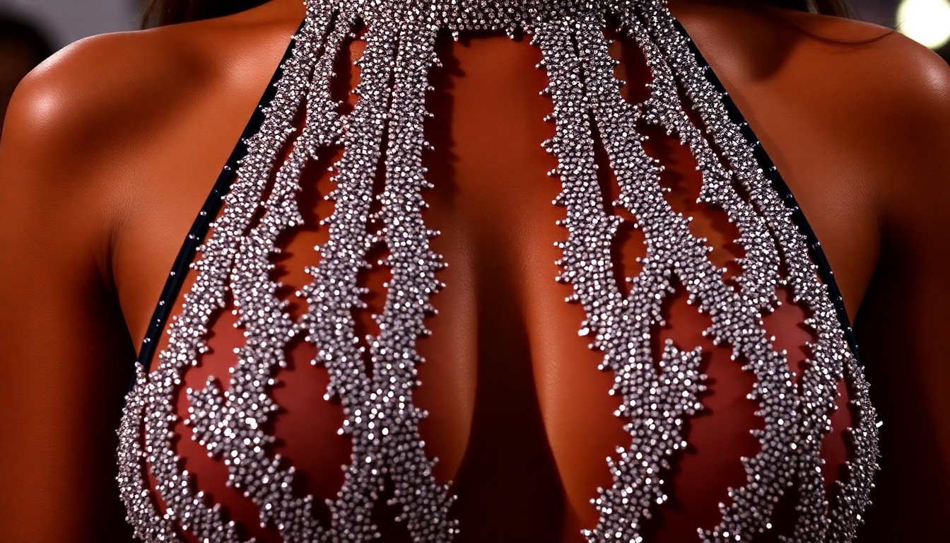 An extreme close-up photograph showcasing the intricate, shimmering texture of Zendaya's backless halter gown, capturing the luxurious glamour of the 'Euphoria' season 3 premiere through dramatic, high-contrast studio lighting.