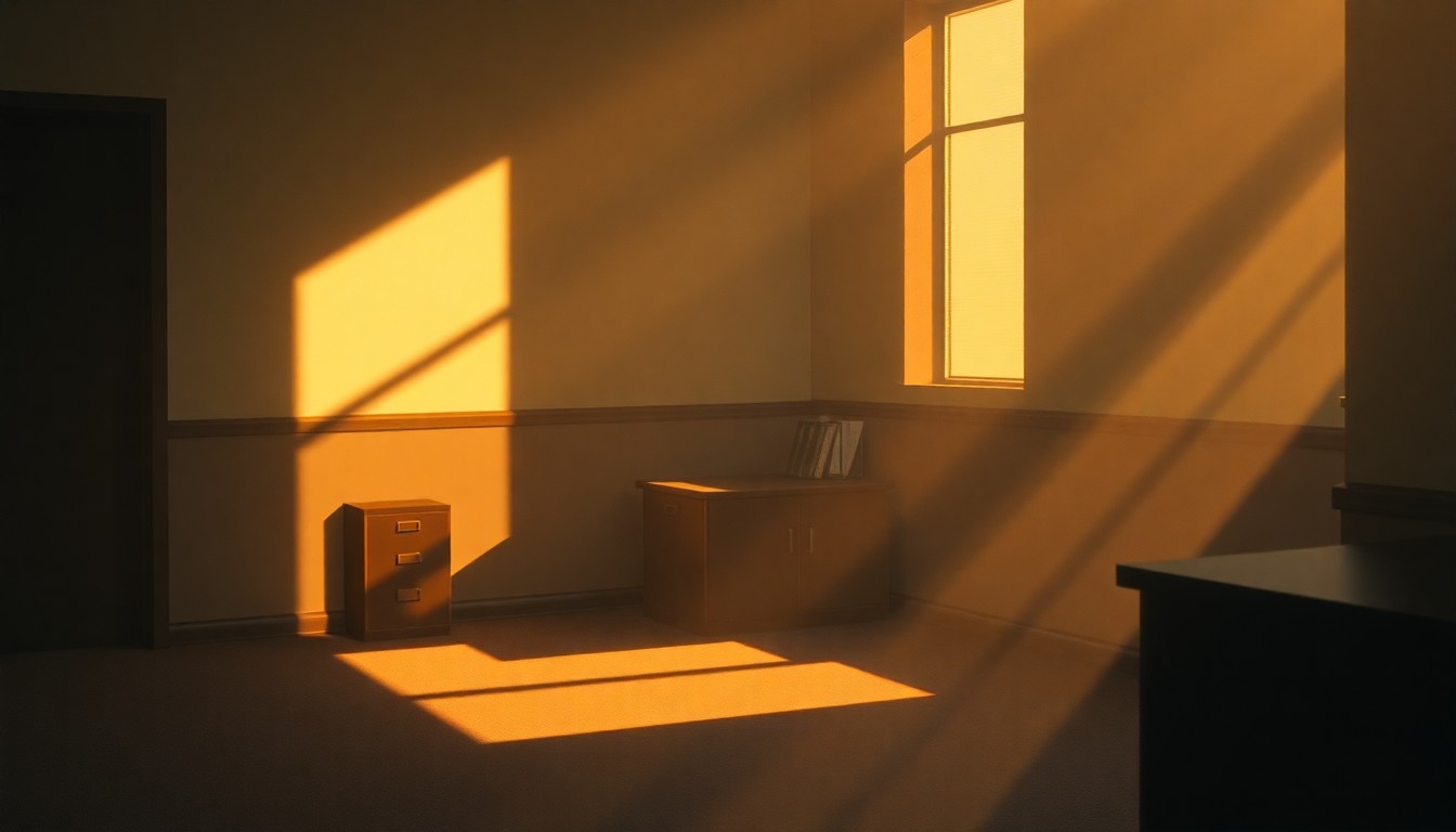 A dimly lit, cinematic painting of a simple government office desk or filing cabinet, with warm sunlight streaming in through a window and casting deep shadows across the scene, conveying a sense of quiet contemplation and the weight of bureaucratic oversight.