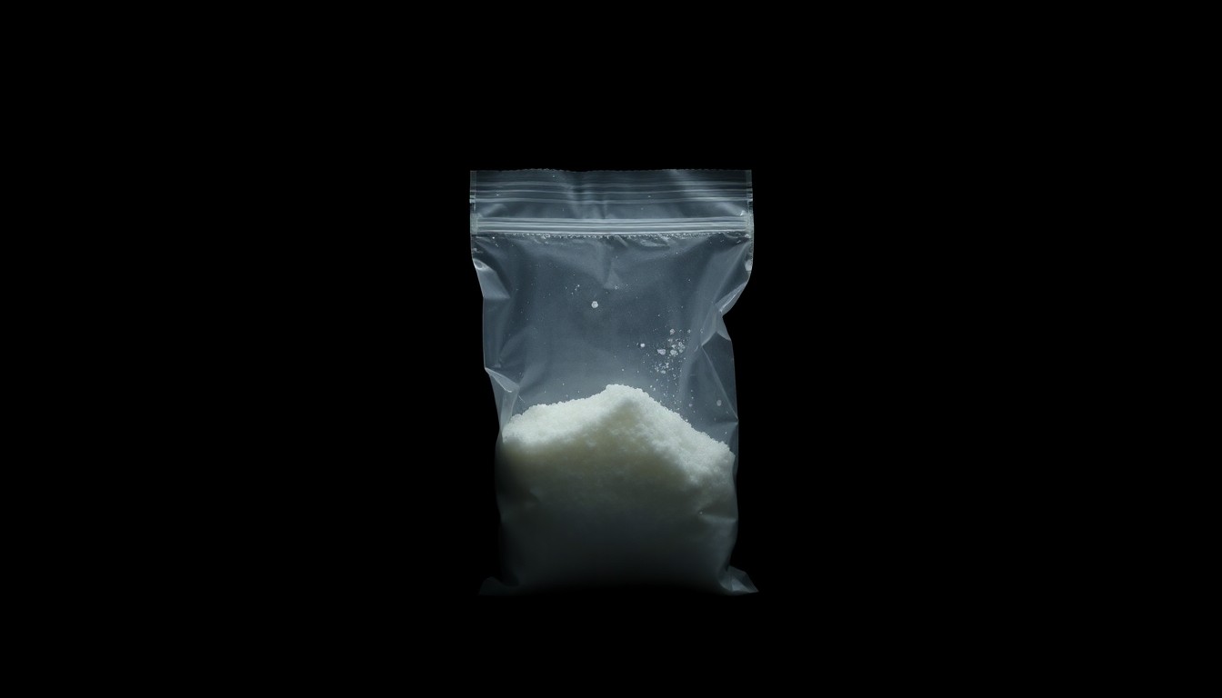 An extreme close-up photograph of a small plastic bag containing a white crystalline powder, lit by a harsh, direct camera flash against a pitch-black background, creating a stark, gritty, investigative aesthetic.
