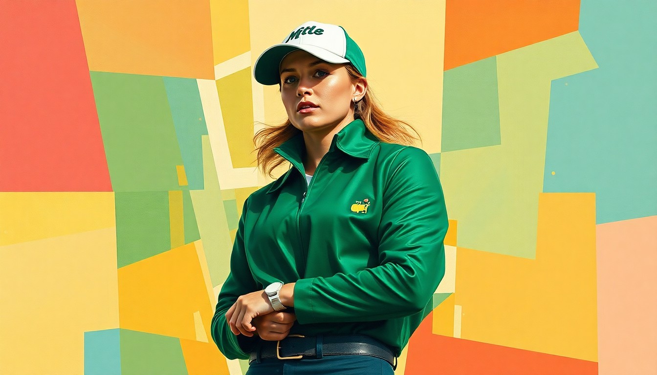 A cubist, geometric painting depicting Paige Spiranac wearing the iconic Masters green jacket, with the image broken down into sharp, overlapping planes of color and form.