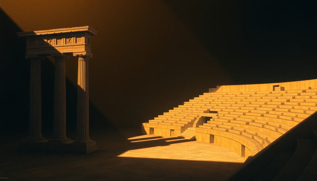 A serene, cinematic painting depicting a solitary ancient Greek architectural element, such as a marble column or amphitheater, bathed in warm, golden light and deep shadows, conveying a sense of melancholy and the weight of history.