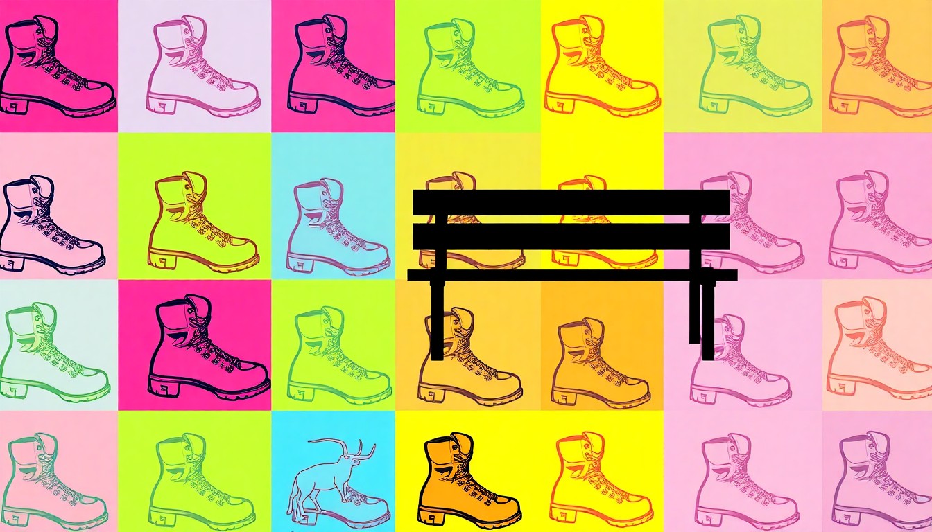 A brightly colored, high-contrast silkscreen print of an iconic open space object like a hiking boot or park bench, repeated in a tight grid pattern in the style of Andy Warhol, conceptually representing Santa Clarita's commitment to outdoor recreation and environmental conservation.