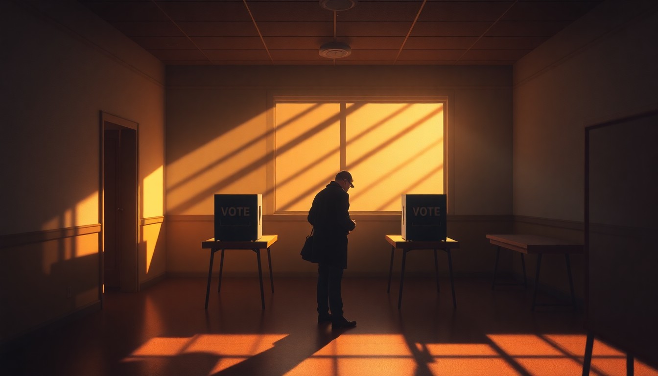 A serene, painterly scene of a single voter filling out a ballot in an empty polling place, the space illuminated by warm, angled light and deep shadows, conveying the quiet importance of the democratic process.