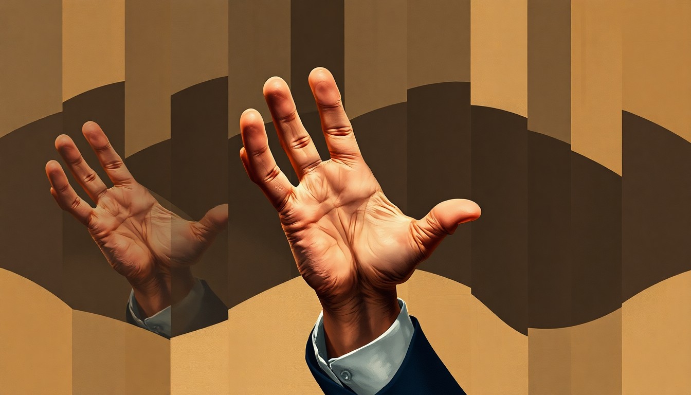A fragmented, abstract painting of a hand reaching out, repeated in overlapping geometric shapes and muted earth tones, conceptually representing the complex issues of power dynamics and accountability in politics.