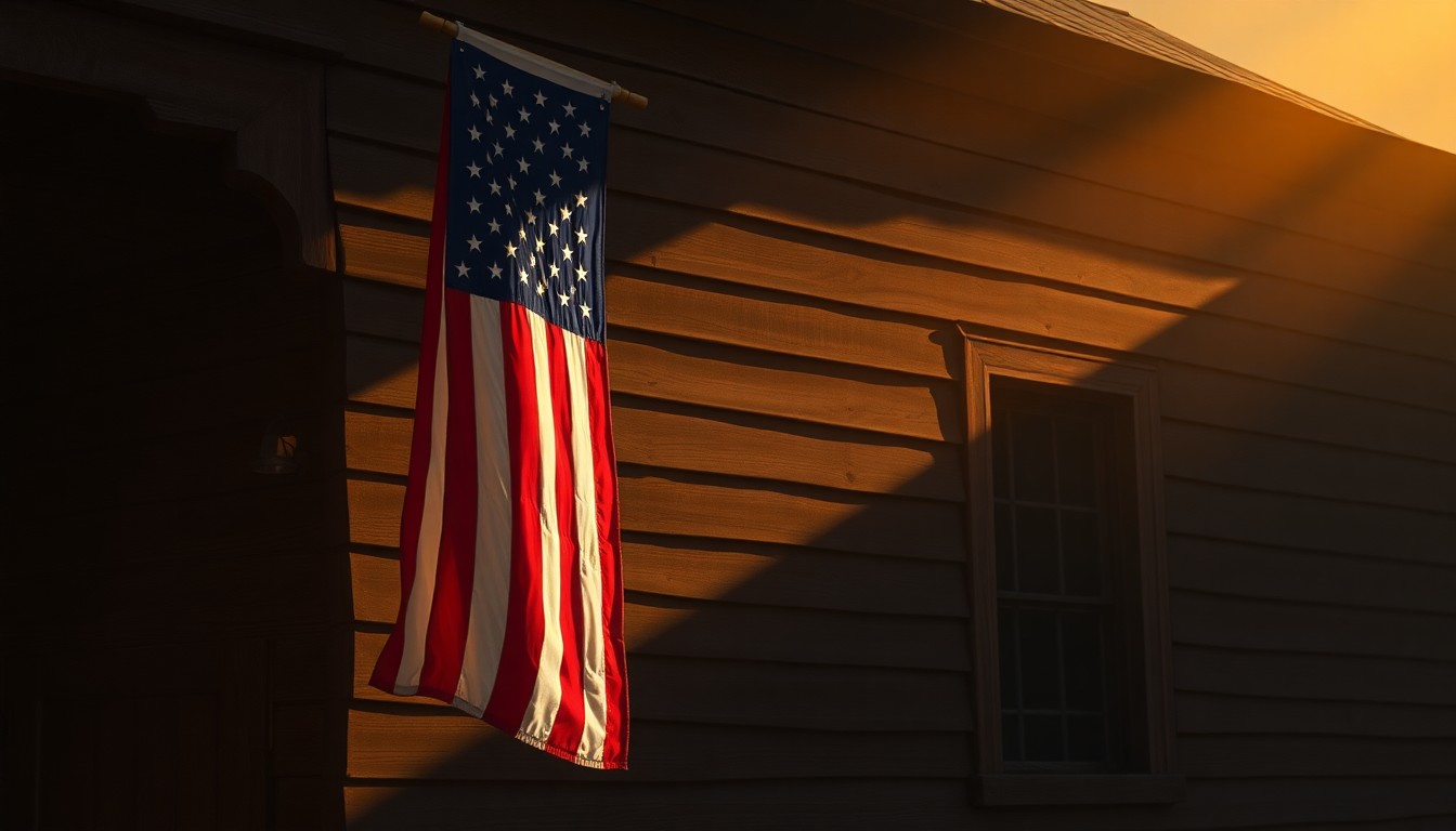 A cinematic painting of an American flag hanging on the side of a weathered wooden building, the warm sunlight and deep shadows creating a nostalgic, contemplative mood.