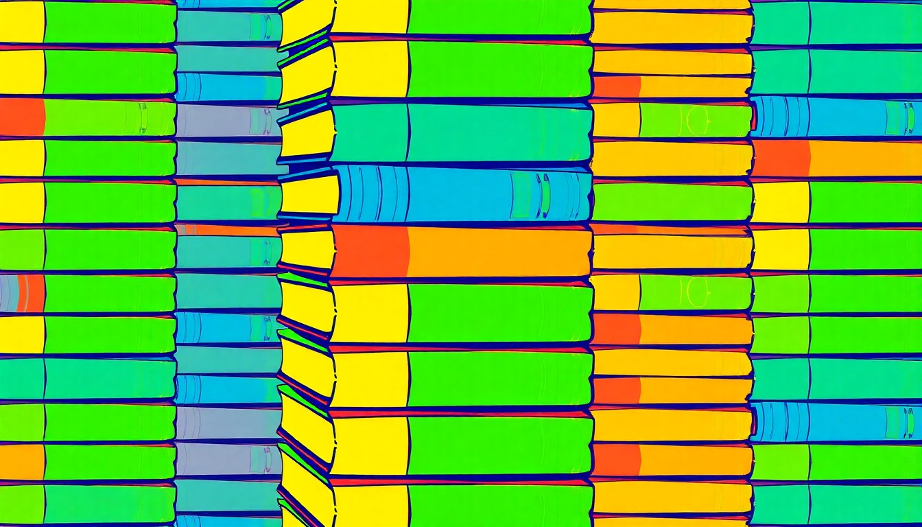 A bold, colorful silkscreen-style illustration featuring a repeating pattern of stacked textbooks in bright, contrasting hues, conceptually representing the community's investment in education.