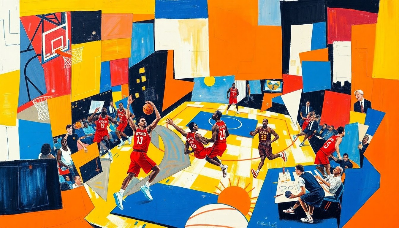 A fractured, geometric painting depicting an NBA basketball game, with the players' uniforms and court lines broken down into sharp, overlapping planes of vibrant color.