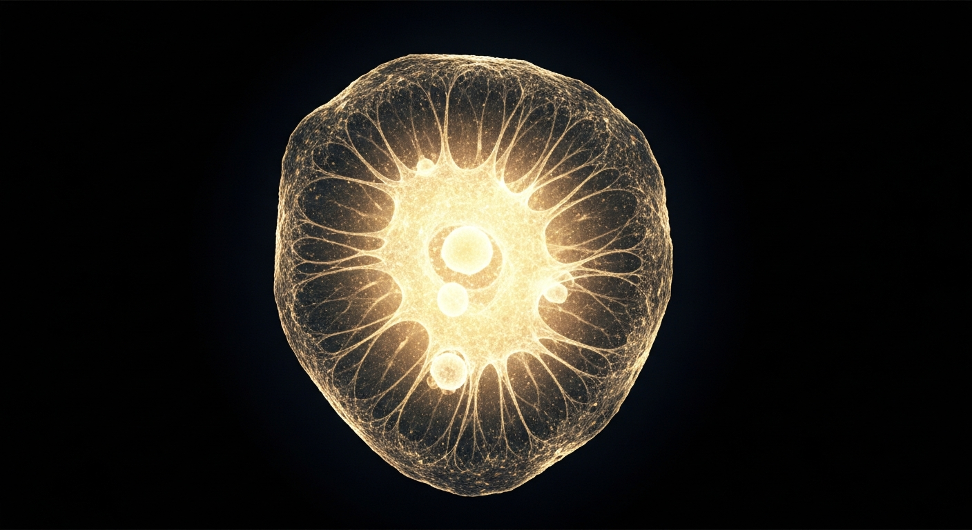 A highly detailed, ghostly X-ray image revealing the complex internal structure of a human cell or tissue sample, conveying a sense of scientific discovery and the potential of regenerative medicine to address the fundamental biology of aging.