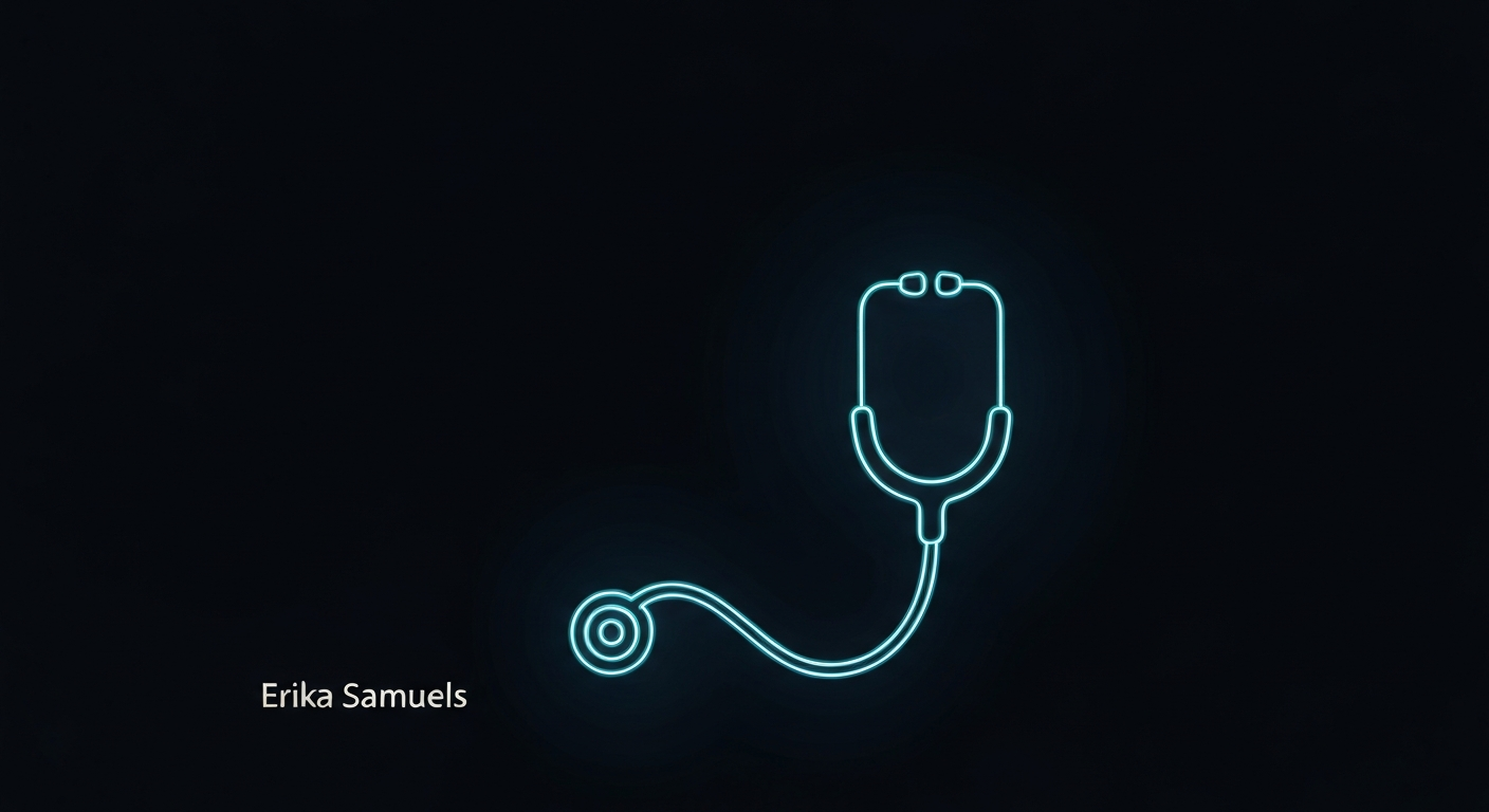 A glowing neon outline of a stethoscope against a dark background, representing the passion and energy Erika Samuels brings to her new position.