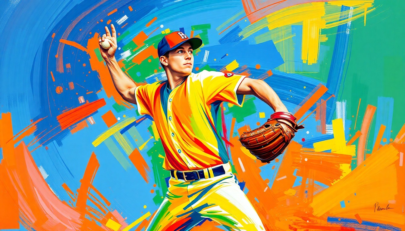 An abstract, expressionist painting in vibrant neon colors, with swirling brushstrokes representing the energy and motion of a high school baseball pitcher delivering a pitch.