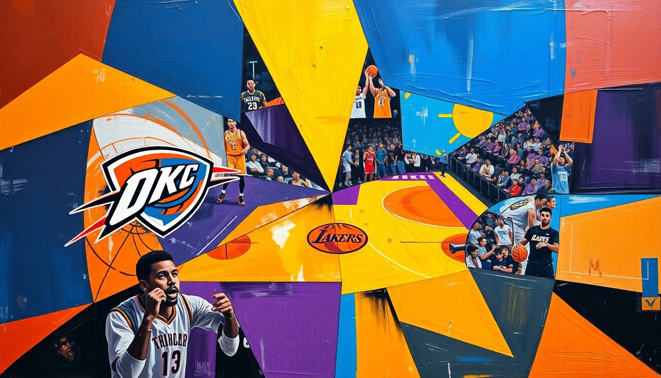 A fractured, multi-perspective painting in vibrant shades of blue, orange, purple, and gold, breaking down a basketball game between two teams into sharp, overlapping geometric planes.