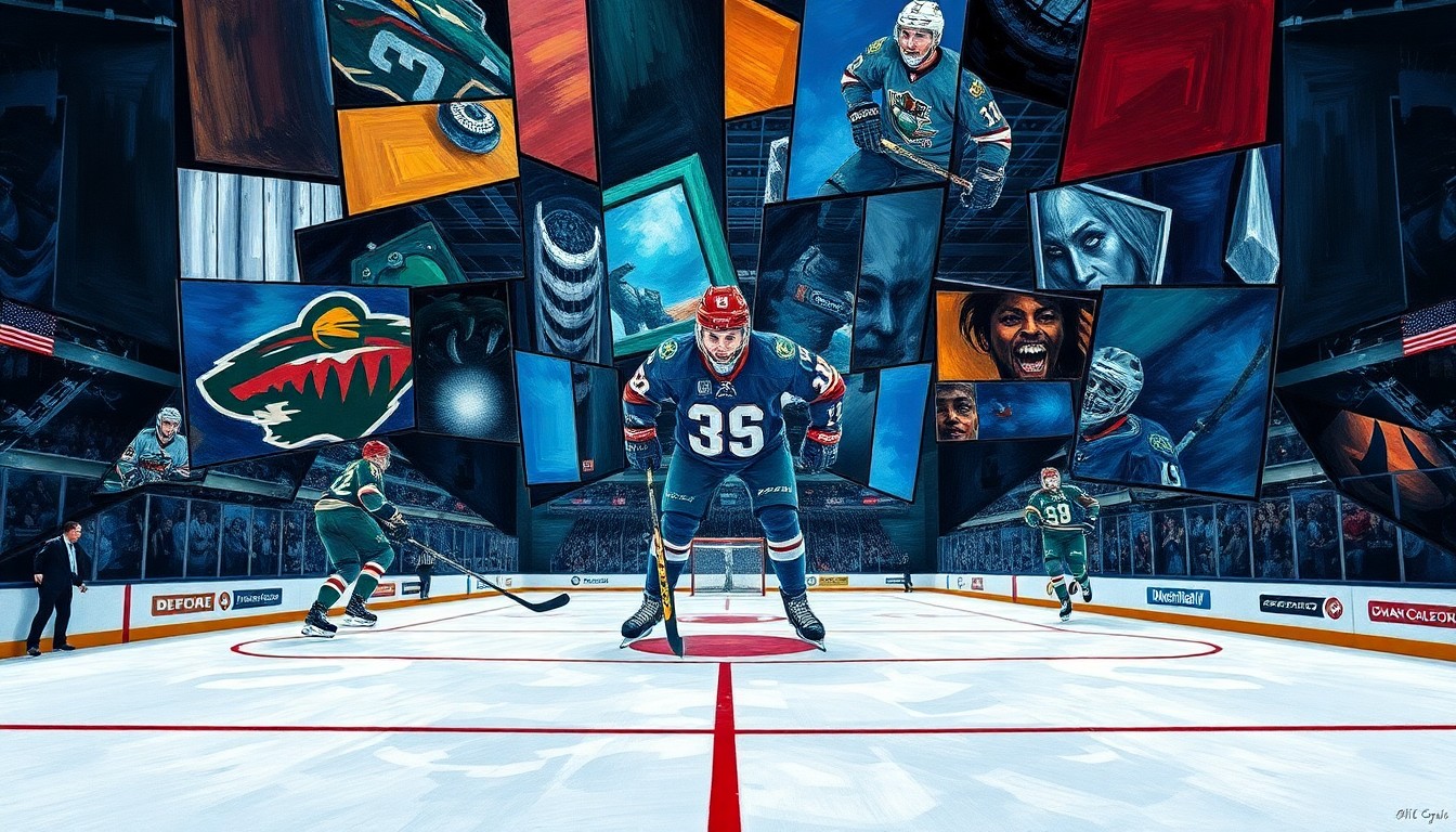 A vibrant, cubist-style painting depicting a hockey game in abstract, geometric shapes and planes of color, representing the intensity and energy of the Minnesota Wild's recent victories.