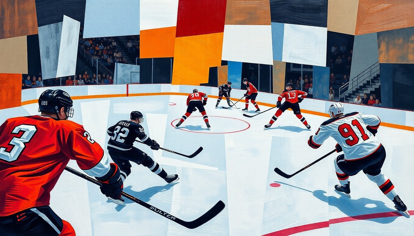 A cubist, geometric painting depicting the dynamic action of a hockey game, with fragmented shapes and planes of color representing the players, sticks, and ice surface.
