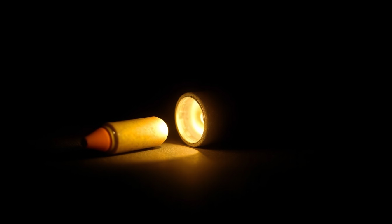 An extreme close-up photograph of a small metallic object, possibly a bullet casing, sharply lit by a harsh flash against a dark background, conveying a sense of gritty investigation into the details of the ICE shooting incident.