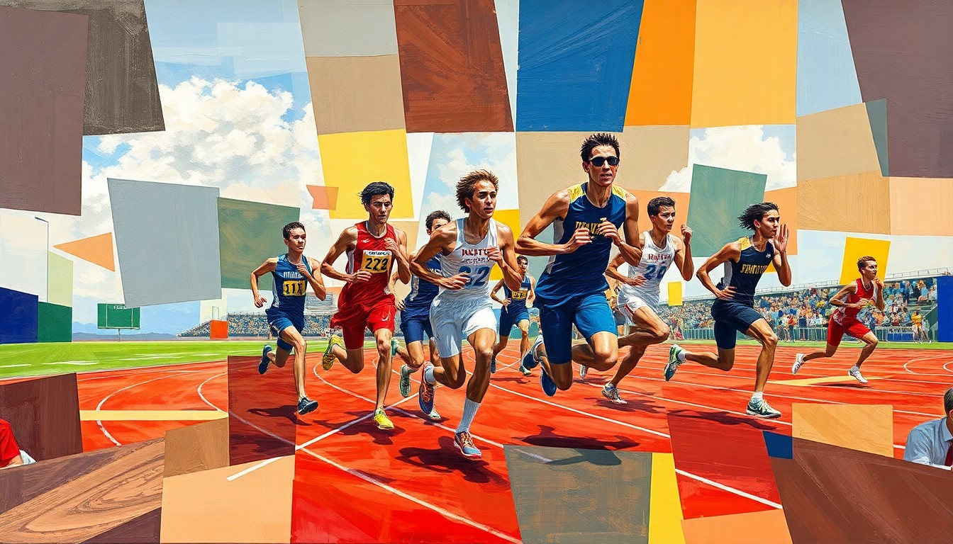 A cubist, geometric painting depicting the dynamic motion of high school track and field athletes in competition, with overlapping planes of color and form.