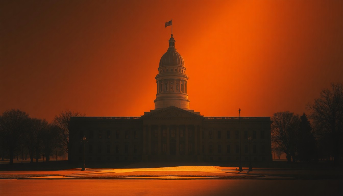 A photorealistic painting of an Iowa state capitol building in warm, golden sunlight, with deep shadows and a sense of solitude, conceptually representing the need for political reform.