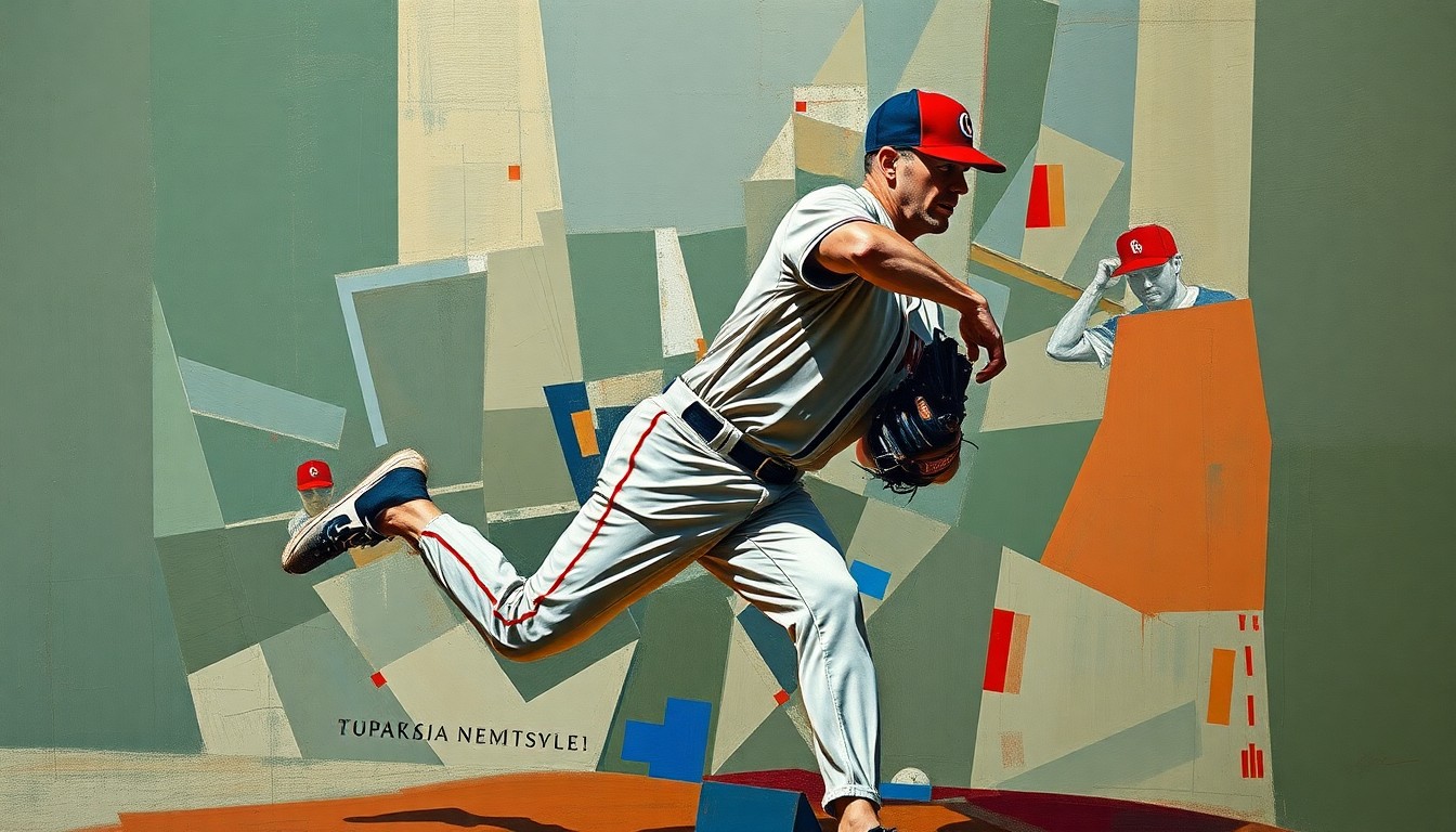 A fragmented, geometric painting depicting the motion of a baseball pitcher and the tense moment of a manager emerging from the dugout, the figures and field broken down into sharp, overlapping planes of color.