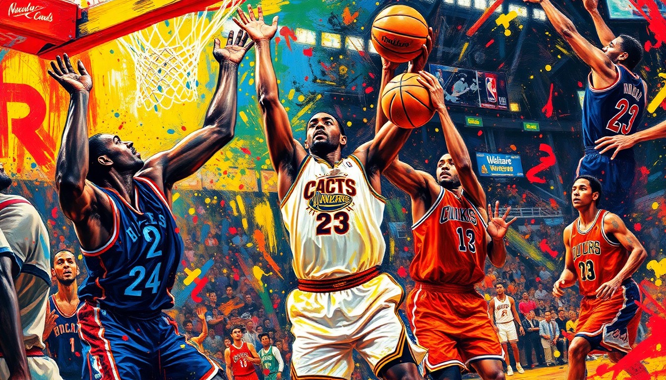 An abstract expressionist painting in neon colors depicting the frenetic action of an NBA basketball game, with players' forms dissolving into vibrant brushstrokes and splatters of paint.