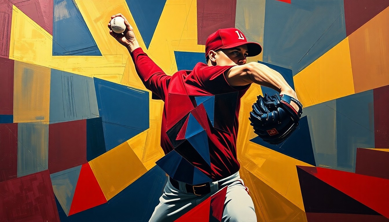 A cubist, geometric painting depicting a baseball pitcher's intense throwing motion, with sharp, overlapping planes of navy, crimson, and gold colors.