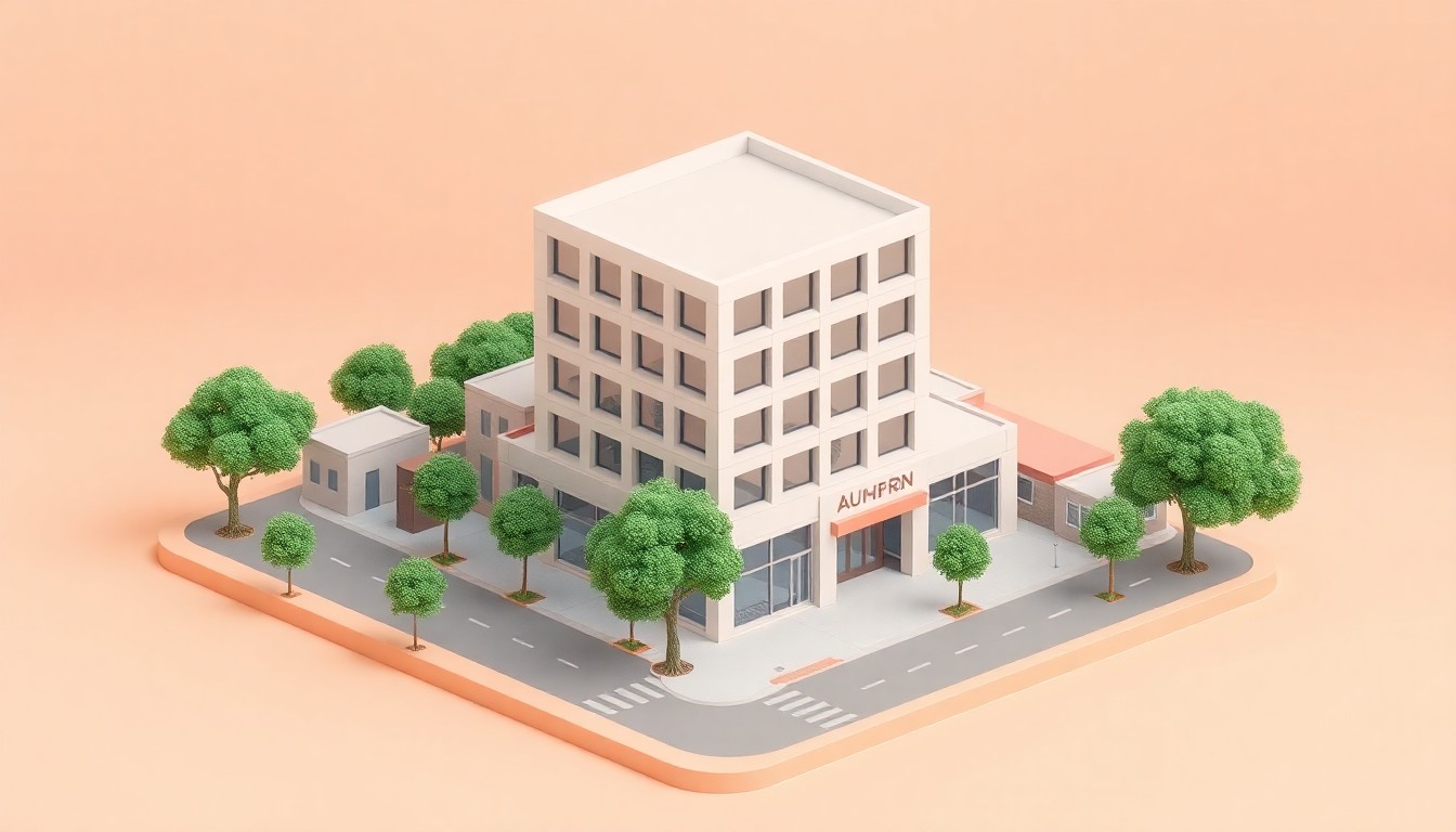 A detailed, isometric 3D illustration of a modern, multi-story building representing the new Auburn Chamber of Commerce facility, surrounded by smaller structures and greenery, conveying a sense of the Chamber's role as a hub for the local business community.