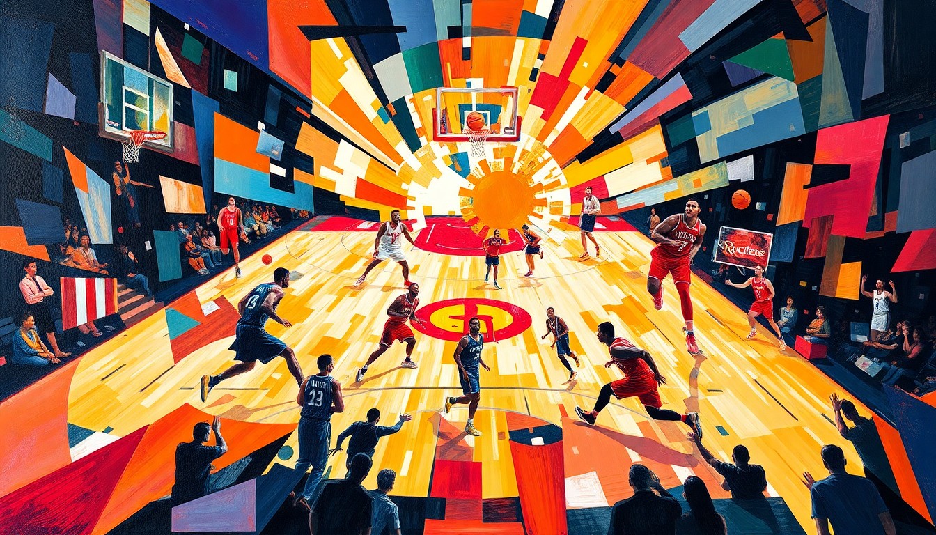 A fragmented, geometric painting depicting the action and energy of a basketball game, with players' forms broken down into overlapping planes of color and shape.