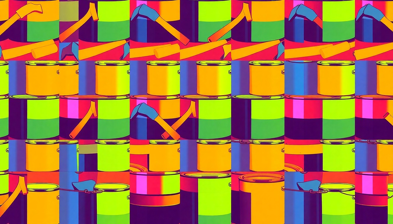 A bold, colorful silkscreen illustration featuring a repeating grid of common home repair tools like a toolbox, hammer, and paint cans, conceptually representing the vital work of volunteer groups assisting homeowners in need.