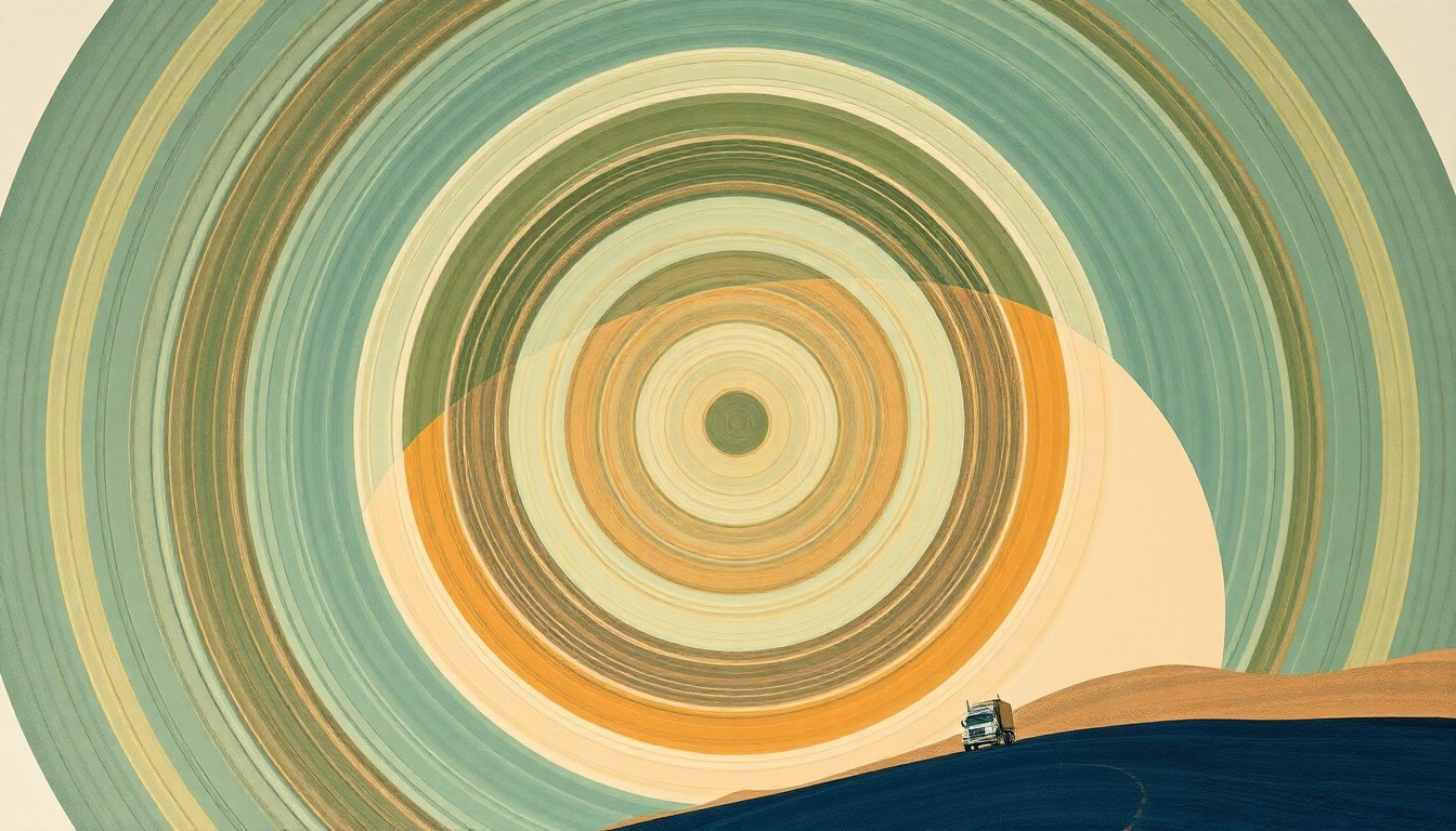 A highly structured abstract painting in soft earth tones, featuring sweeping geometric shapes, concentric circles, and precise botanical spirals, conceptually representing the complex interplay of renewable diesel, truck traffic, and nitrogen oxide emissions along California's transportation corridors.