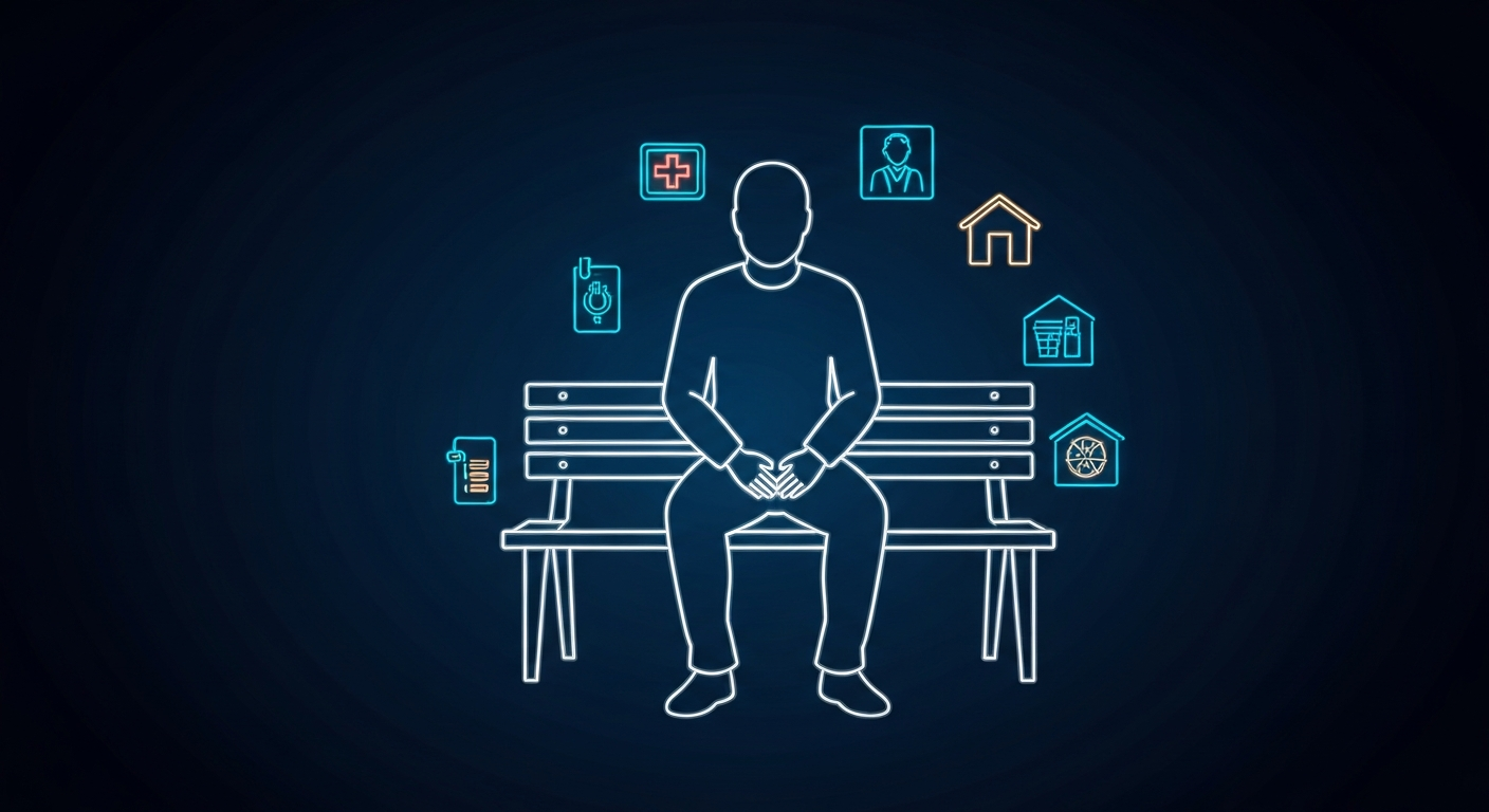A glowing neon outline of a person sitting on a bench, surrounded by smaller neon icons representing healthcare, housing, and social services, conceptually illustrating the goal of expanding outreach to the homeless population.