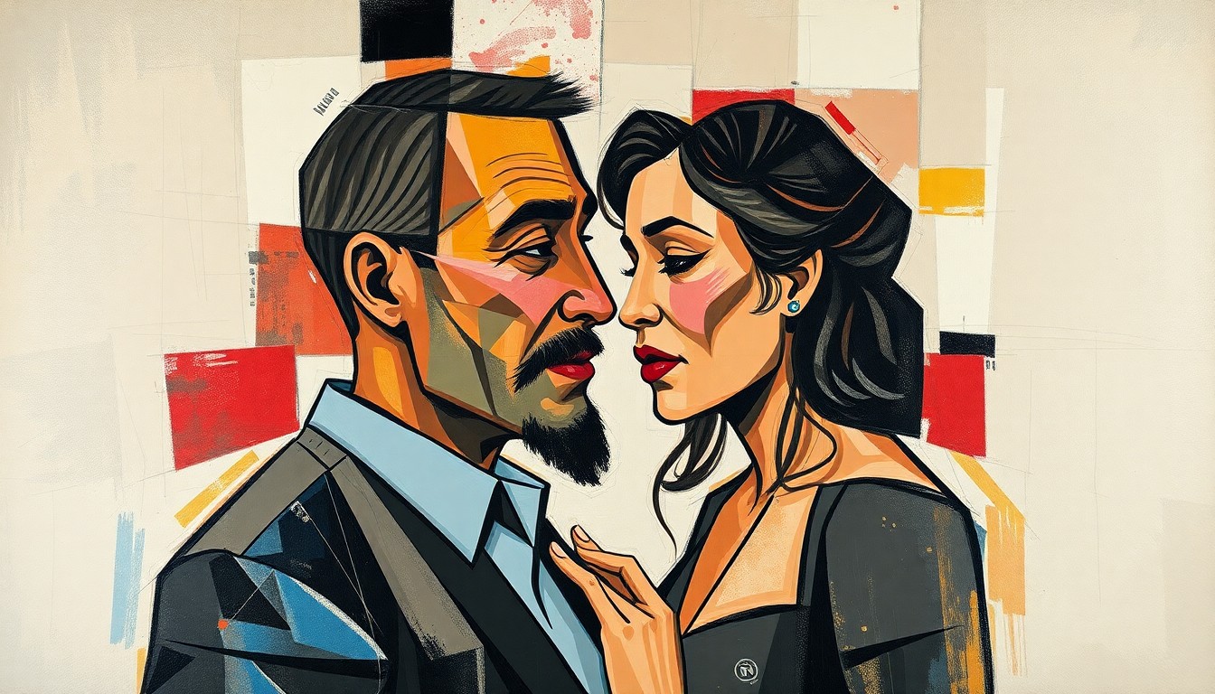 A cubist-style painting depicting the interaction between Mike Vrabel and Dianna Russini as a series of overlapping geometric shapes and planes, conveying the ambiguity and complexity of the situation.