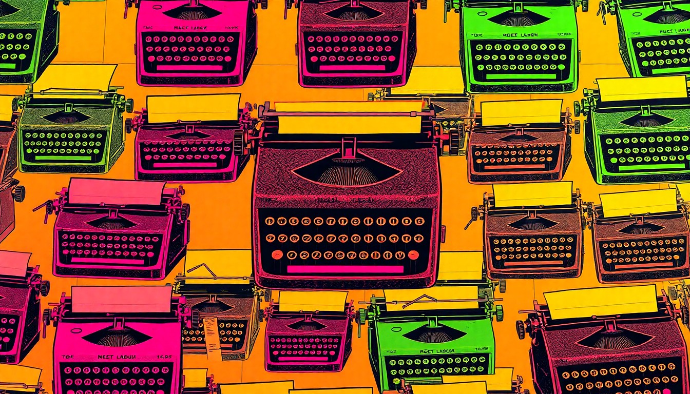 A high-contrast silkscreen print of a vintage typewriter or copy machine repeated in a tight grid pattern, rendered in vibrant neon colors with heavy black outlines, conceptually representing the power of the written word and the historic Black newspaper that ignited the Double V movement.