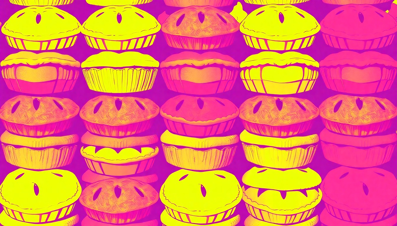 A vibrant, abstract grid of brightly colored Amish baked goods in a pop art style, conceptually representing the warmth and homemade comforts of an Amish family gathering.