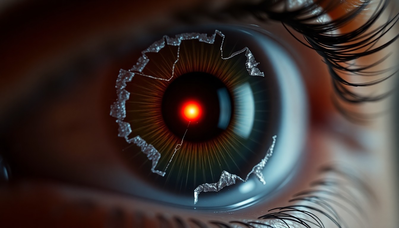 An extreme close-up of a shattered eye lens reflecting a faint red light, conceptually representing the aftermath of a less-lethal projectile strike during a protest.