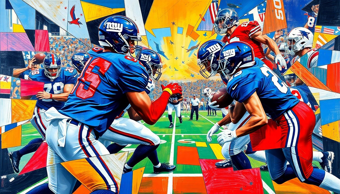 A fractured, multi-perspective painting in the style of Pablo Picasso, breaking a football game down into sharp, overlapping geometric planes of vibrant blue, red, and other team colors, creating a dynamic, kinetic composition that conveys the intensity of the action on the field.