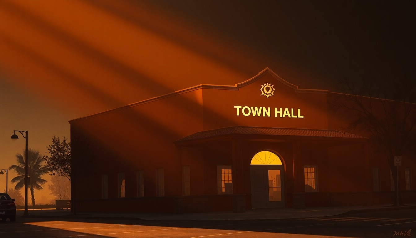 A realistic oil painting depicting the Frisco Town Hall building, a two-story structure with a clock tower, surrounded by trees and bathed in warm, golden sunlight with deep shadows. The scene conveys a sense of quiet civic pride and community.