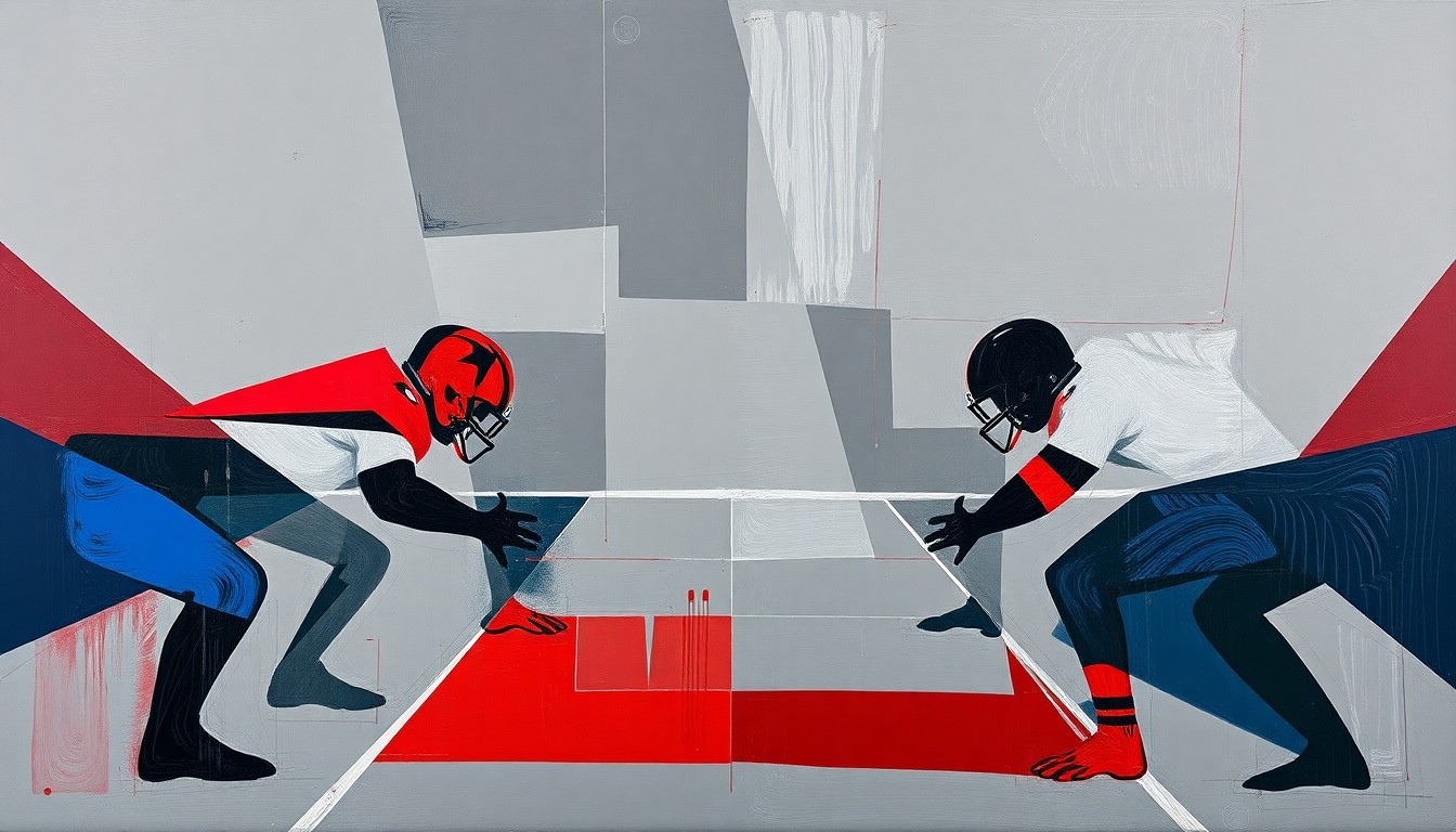 A fractured, cubist-style painting depicting an abstract, geometric interpretation of an offensive line formation, with sharp planes of steel grey, navy blue, and crimson red overlapping to create a dynamic, multi-perspective visual representation of the trenches.