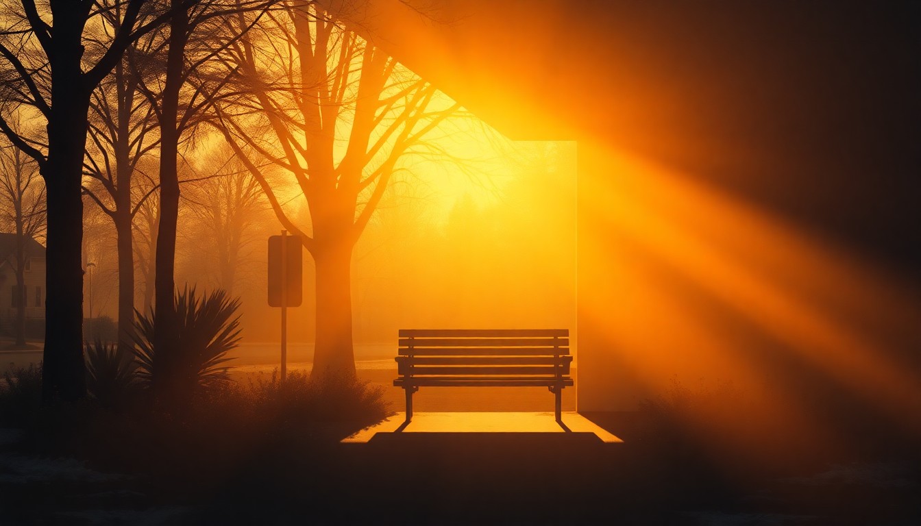 A serene, cinematic painting of a park bench or community center entrance in Beacon, New York, with warm sunlight and deep shadows creating a nostalgic, contemplative mood about the city's changing community spirit.