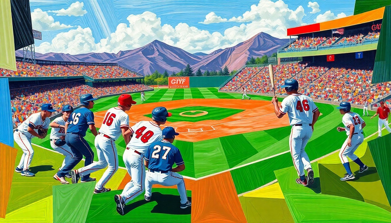 A fractured, geometric painting in vibrant colors depicts the dynamic action of a high school baseball game, with players and the field deconstructed into overlapping planes.