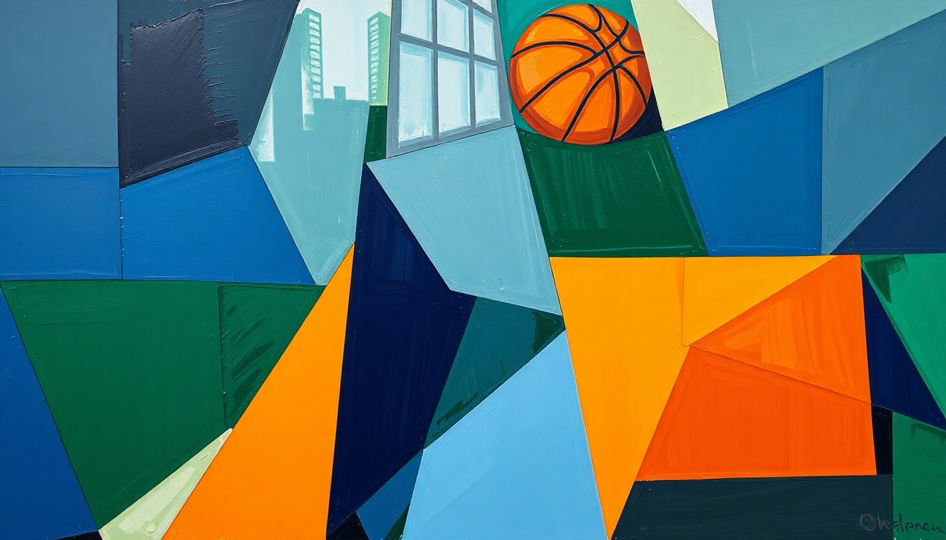 A fractured, multi-perspective painting in a cubist style, breaking down a basketball game into sharp, overlapping geometric planes in navy blue, forest green, and burnt orange, capturing the constant lineup changes and developmental focus of the Brooklyn Nets this season.