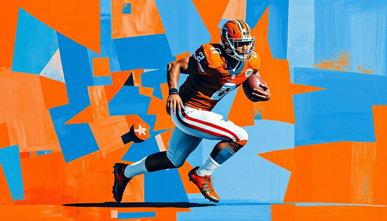 A fragmented, geometric painting in shades of orange and blue depicts a football player in mid-stride, their form broken down into sharp, overlapping planes to convey the physical and emotional impact of a serious injury.