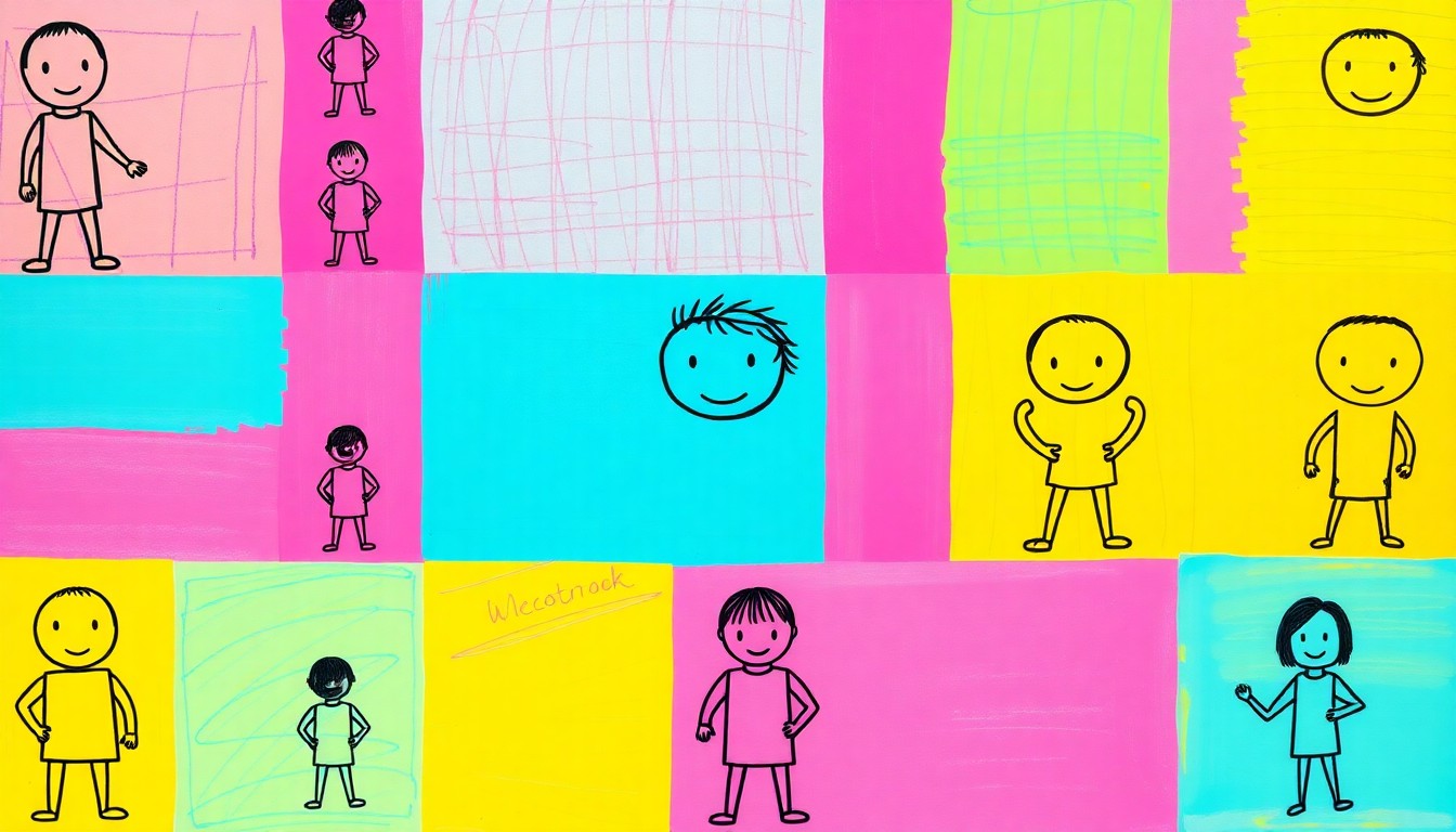 A bold, pop art-inspired illustration featuring a grid of stylized chalk drawings in bright neon colors, capturing the vibrant energy and artistic expression of the Dogwood Arts Chalk Walk event.