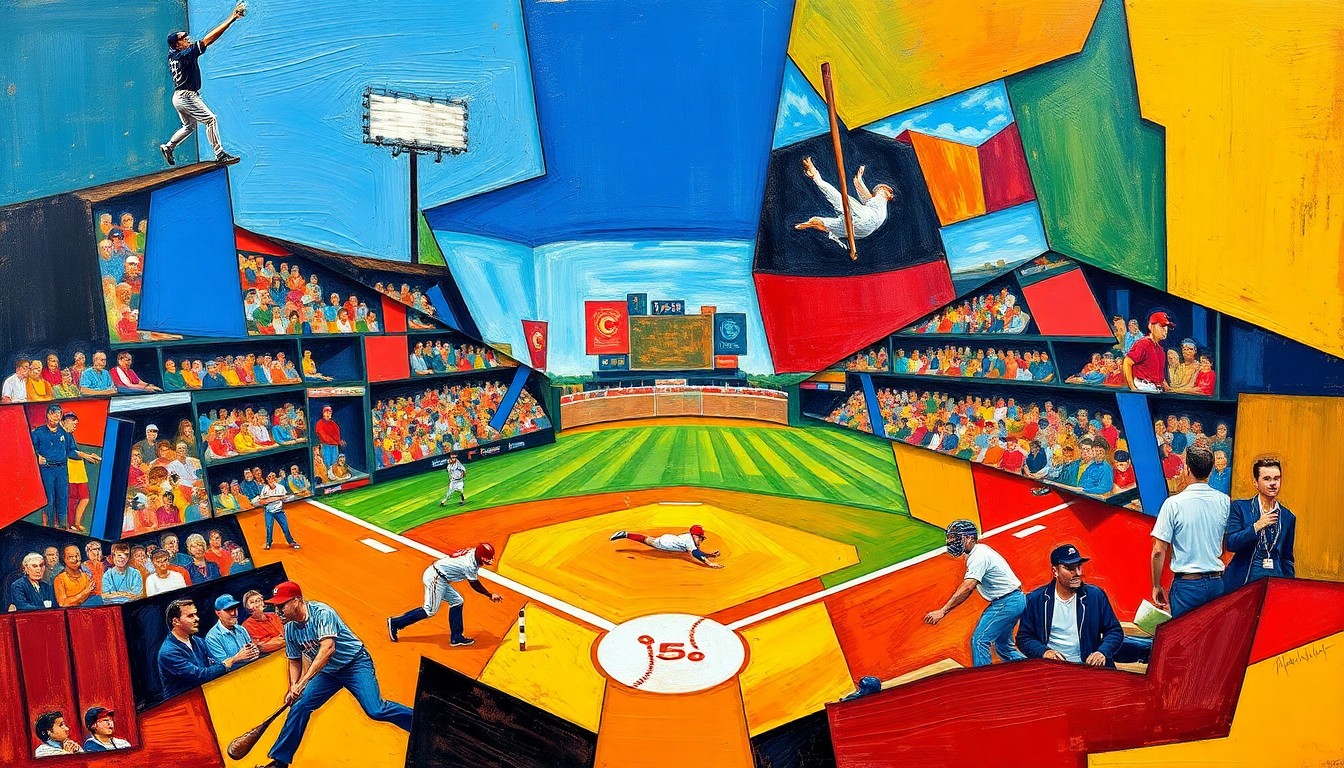 A cubist, geometric painting featuring overlapping planes of bright colors and abstracted baseball imagery, conveying the energy and excitement of a dramatic game-winning moment.