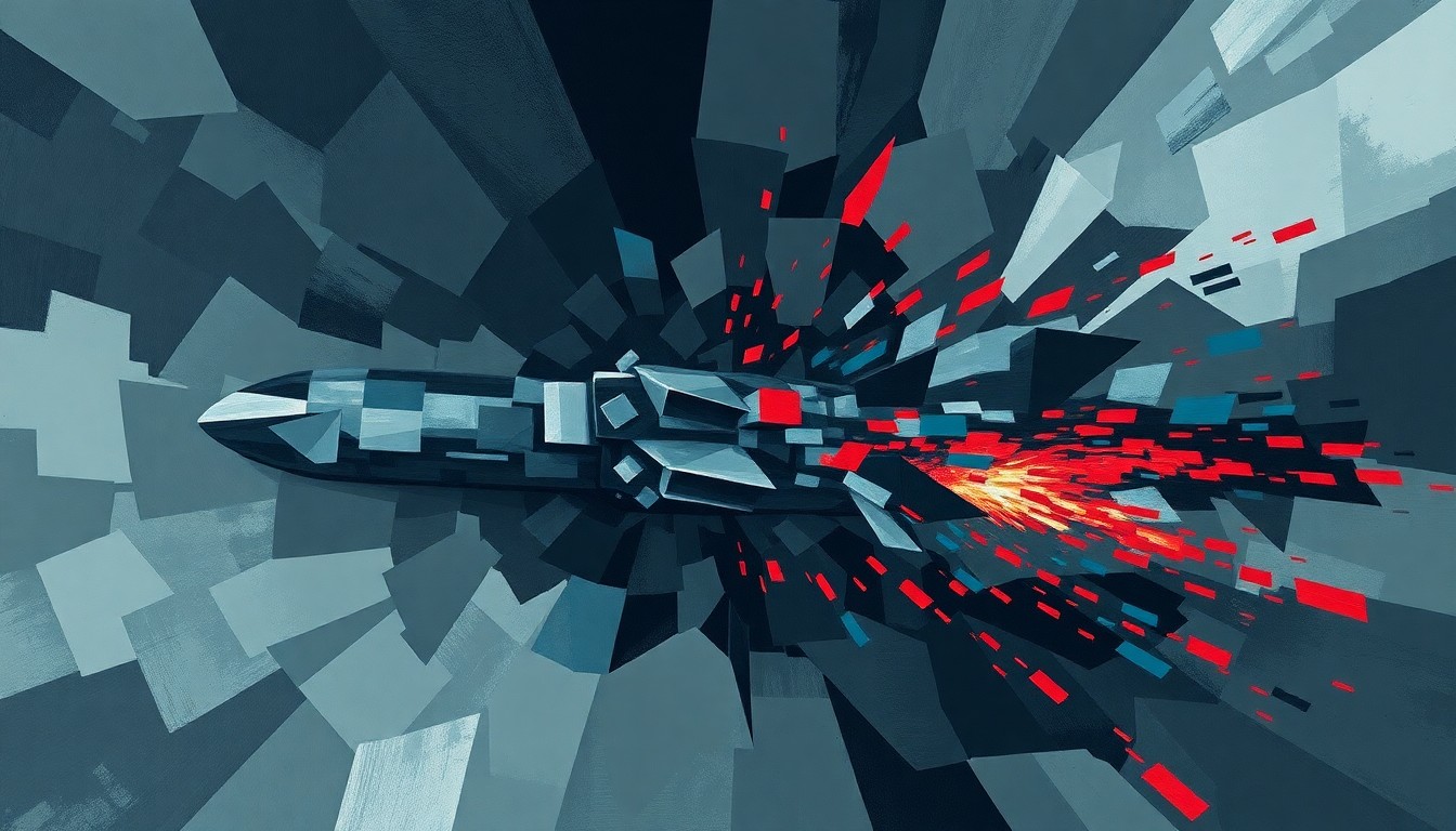 A dynamic, fragmented painting of a missile or drone in overlapping geometric shapes and waves of dark, muted colors, conveying the disruptive and destructive impact of the ongoing attacks in Ukraine.