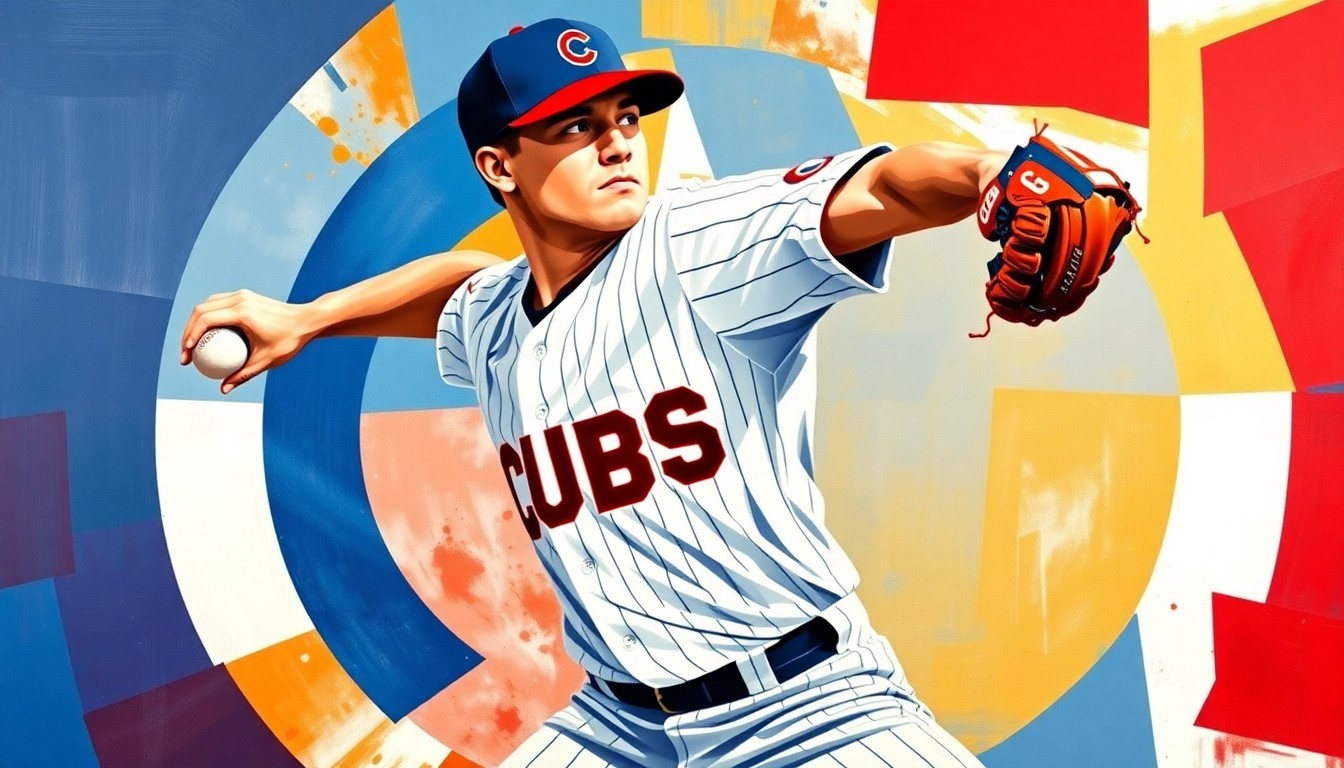 A fragmented, geometric painting depicting a baseball pitcher's throwing motion, with sharp planes of navy blue, red, and white representing the Chicago Cubs uniform colors. The image conceptually illustrates the complex biomechanics and vulnerability of the elbow joint during the high-stress demands of professional pitching.