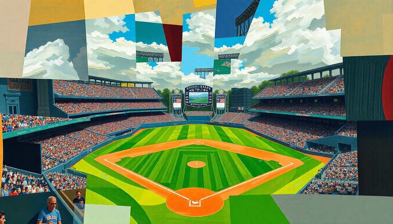 A cubist, fragmented painting depicting a college baseball game, with players and the field broken down into sharp, overlapping geometric shapes and planes in a dynamic, abstract composition.