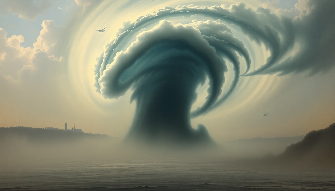 A dramatic, atmospheric landscape painting depicting a massive, swirling vortex of mist and wind over a calm body of water, with distant silhouettes of buildings and aircraft barely visible in the background, conveying a sense of the overwhelming, sublime power of nature.