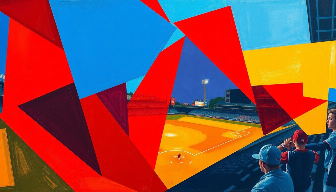 A fragmented, geometric painting depicting a high school baseball game, with sharp planes of red, blue, and yellow representing the players, field, and action on the diamond.